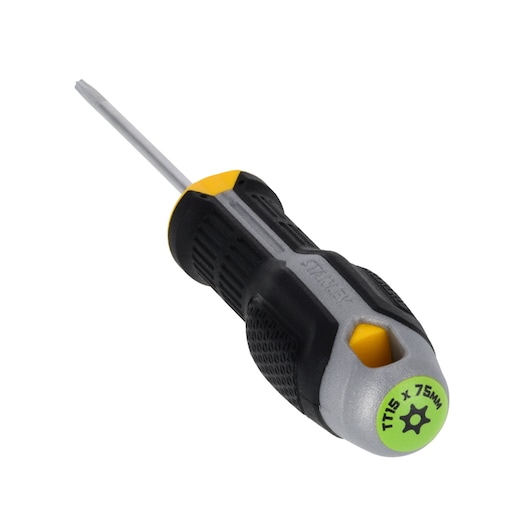 STANLEY FMHT65745-0 Torx screwdriver with black and yellow handle, TT15 x 75mm, angled view on white background.