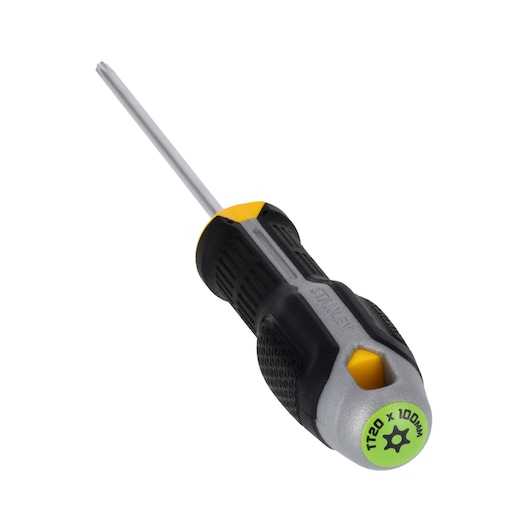 STANLEY FMHT65746-0 Torx screwdriver, black/yellow grip handle, TT20 x 100mm, angled on white background.