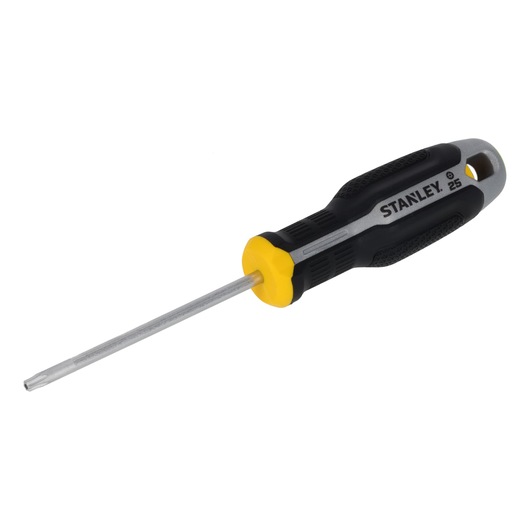 STANLEY FMHT65747-0 screwdriver with black and yellow ergonomic handle, side angle on white background.