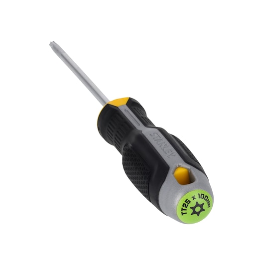 STANLEY FMHT65747-0 Torx screwdriver TR25 x 100mm with black, grey and yellow handle, front angle on white background.