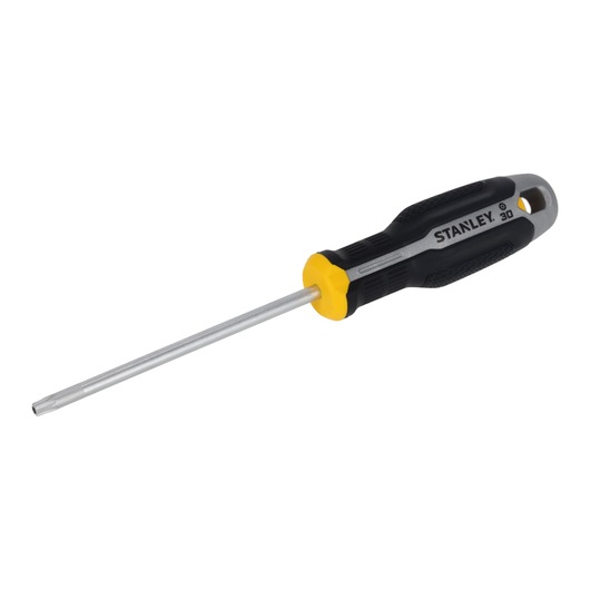 STANLEY FMHT65748-0 screwdriver with black and yellow handle, photographed at an angle on white background.
