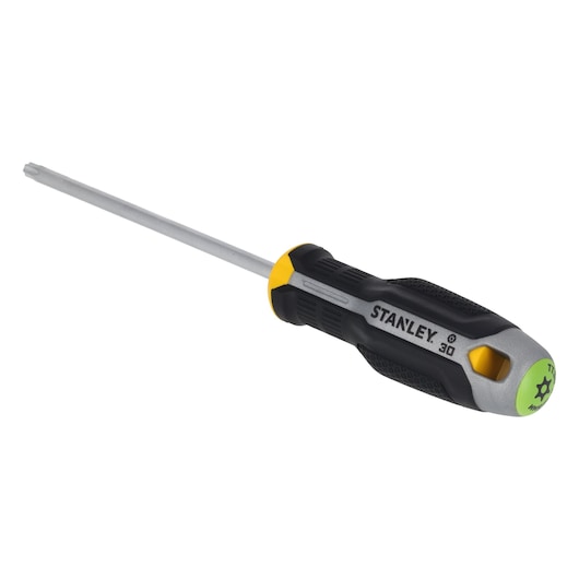 STANLEY FMHT65748-0 Torx screwdriver with black and yellow ergonomic handle, side angle on white background.
