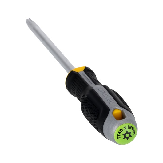 STANLEY FMHT65749-0 Torx screwdriver with black and yellow handle, TT40 x 125mm, angled on white background.