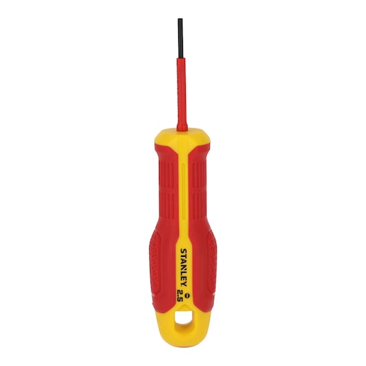 Photo of STANLEY FMHT65750-0 insulated precision screwdriver with red and yellow handle, front angle on white background.