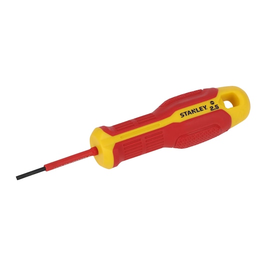 STANLEY FMHT65750-0 insulated screwdriver with red and yellow handle, side angle, white background.