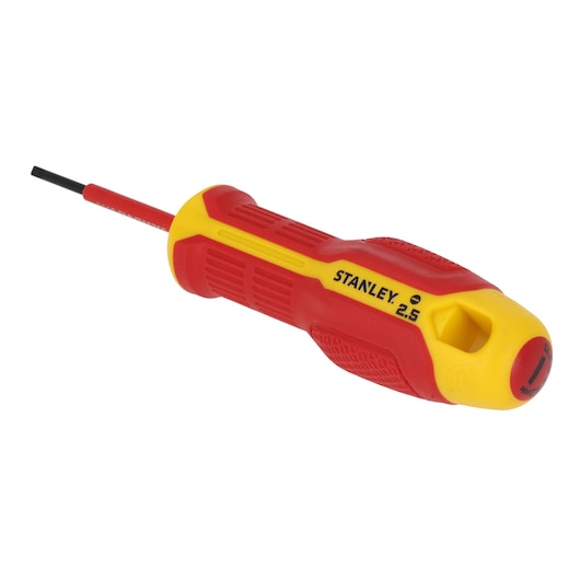 STANLEY FMHT65750-0 insulated red and yellow screwdriver with ergonomic handle, side angle, white background.