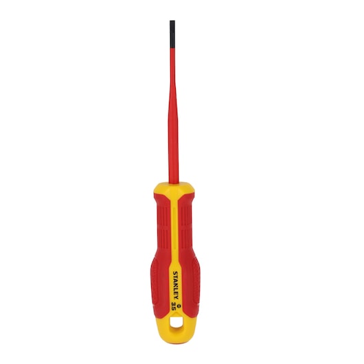 STANLEY FMHT65751-0 insulated flathead screwdriver, red and yellow handle, front angle on white background.