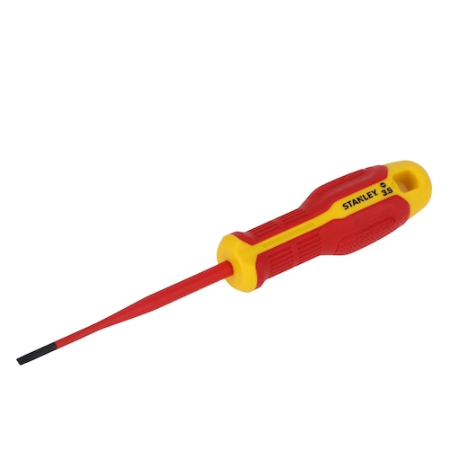 STANLEY FMHT65751-0 insulated flathead screwdriver with red and yellow handle, side angle, on white background.