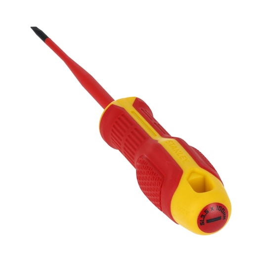 STANLEY FMHT65751-0 insulated slotted screwdriver, red and yellow handle, angled view on white background.