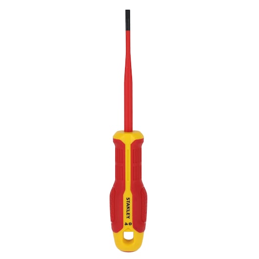 STANLEY FMHT65752-0 insulated slotted screwdriver, red and yellow handle, front view on white background.