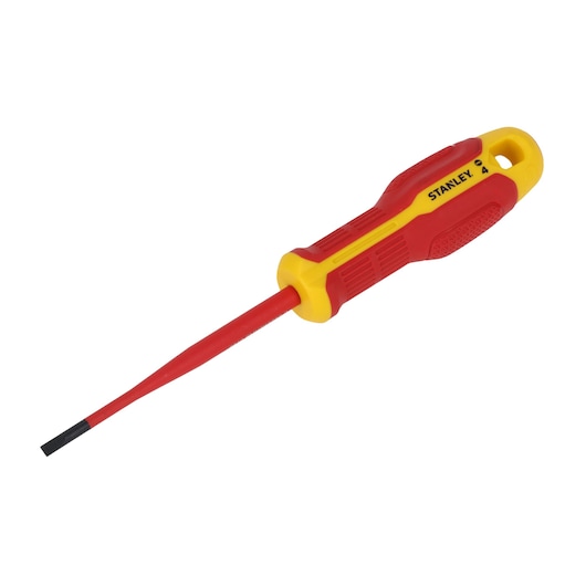 STANLEY FMHT65752-0 insulated flathead screwdriver, red and yellow, side angle, ergonomic handle.