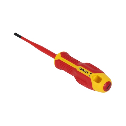 STANLEY FMHT65752-0 insulated flathead screwdriver with red and yellow handle, side angle on white background.