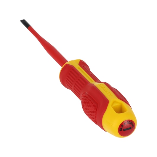 STANLEY FMHT65752-0 insulated slotted screwdriver with red and yellow handle, angled on white background.