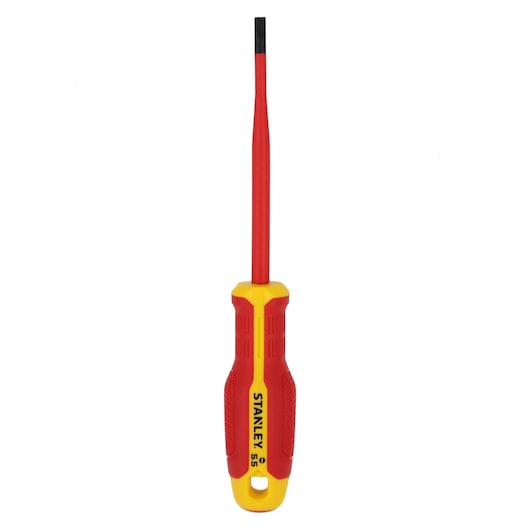 STANLEY FMHT65753-0 insulated flathead screwdriver, red and yellow handle, photographed from front on white background.