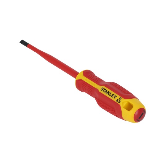STANLEY FMHT65753-0 insulated slotted screwdriver with red and yellow handle, angled on white background.