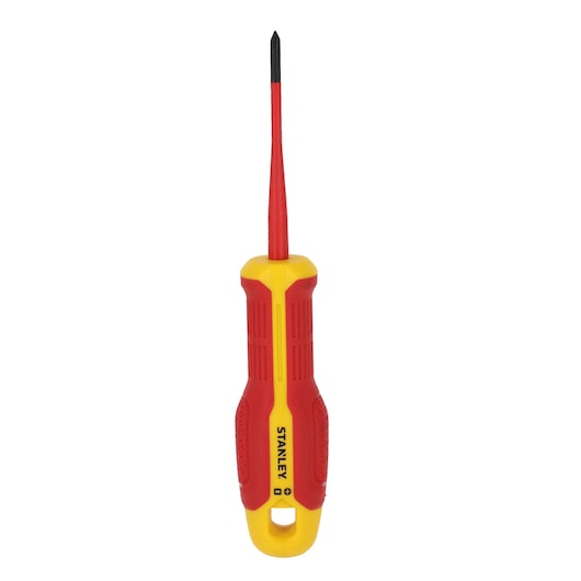 Stanley FMHT65754-0 insulated Phillips screwdriver, red and yellow handle, front view, product photography.