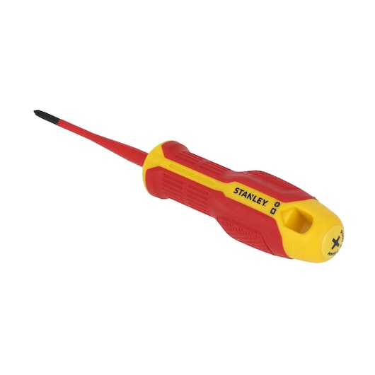 STANLEY FMHT65754-0 insulated Phillips screwdriver, red and yellow handle, angled view on white background.