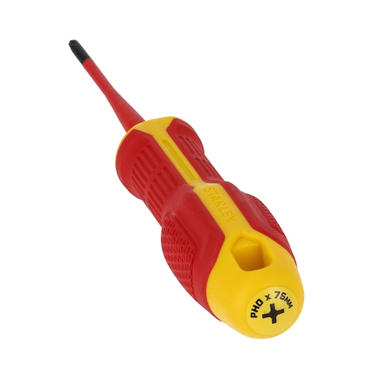 STANLEY FMHT65754-0 insulated Phillips screwdriver, red and yellow handle, front angle on white background.