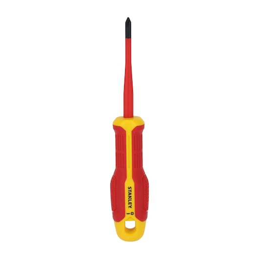 STANLEY FMHT65755-0 insulated Phillips screwdriver with red and yellow handle, front view, white background.