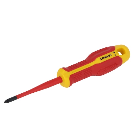 STANLEY FMHT65755-0 insulated Phillips screwdriver with red and yellow handle, side angle.