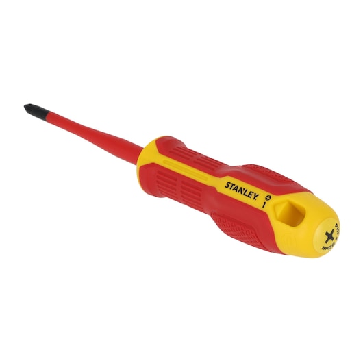 Photo of STANLEY FMHT65755-0 insulated Phillips screwdriver, red and yellow handle, angled on white background.
