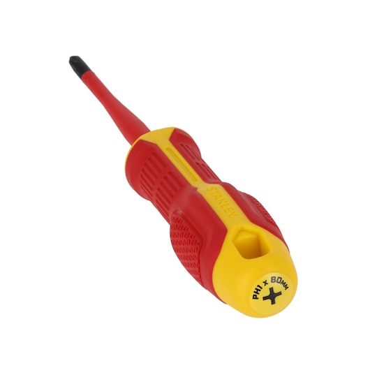 Photo of STANLEY FMHT65755-0 insulated Phillips screwdriver with red and yellow handle on white background.