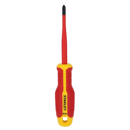 STANLEY FMHT65756-0 insulated Phillips screwdriver, red and yellow handle, straight-on angle, white background.