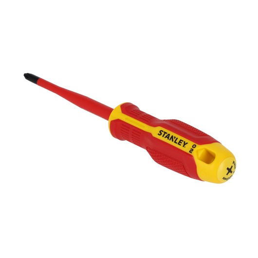 STANLEY FMHT65756-0 insulated Phillips screwdriver, red and yellow handle, front angle on white background.
