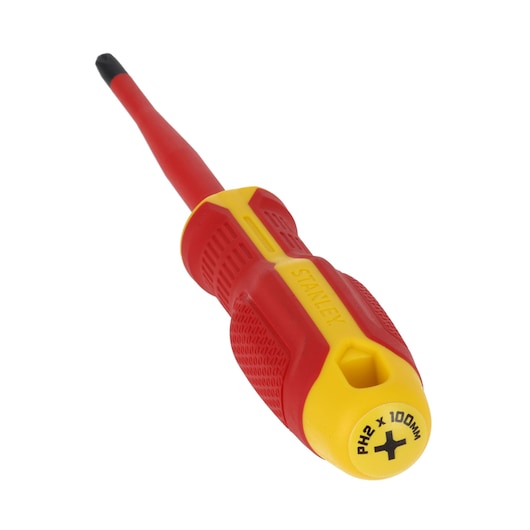 STANLEY FMHT65756-0 Phillips insulated screwdriver, red and yellow handle, angled front view, white background.