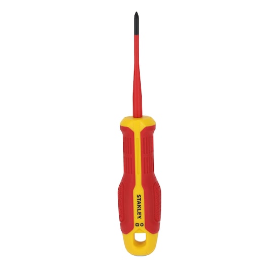 STANLEY FMHT65757-0 insulated Phillips screwdriver with red and yellow handle, front angle on white background.