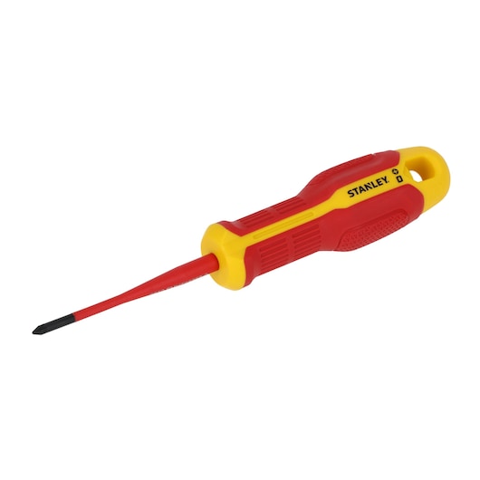 STANLEY FMHT65757-0 insulated screwdriver with red and yellow handle, side angle on white background.