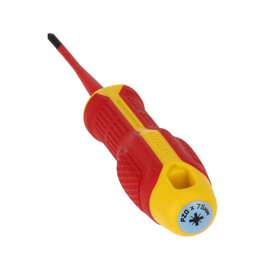 Photo of STANLEY FMHT65757-0 insulated Pozidriv screwdriver with red and yellow handle, angled view.