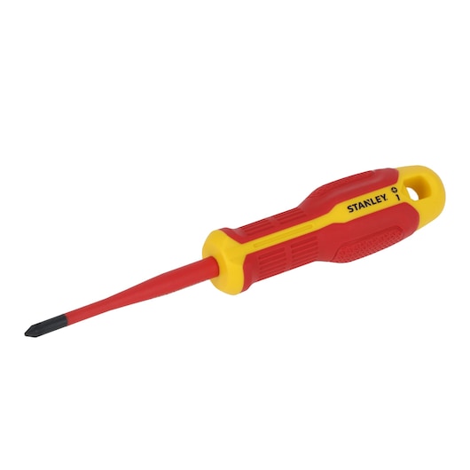 STANLEY FMHT65758-0 insulated Phillips screwdriver with red and yellow handle, angled view, on white background.