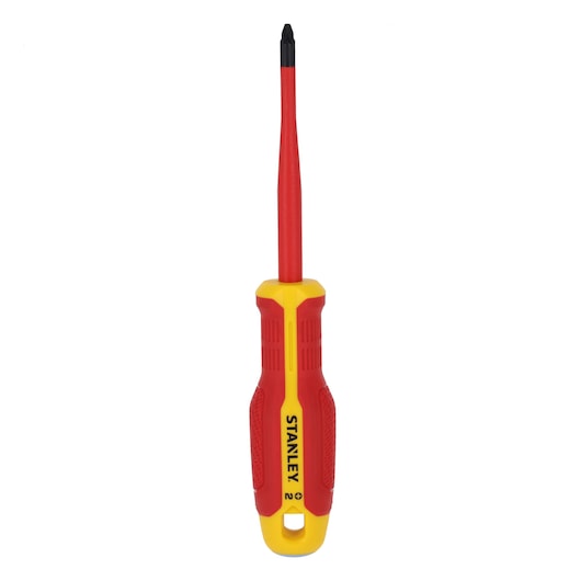 STANLEY FMHT65759-0 insulated Phillips screwdriver with red and yellow handle, front angle on white background.