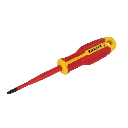 STANLEY FMHT65759-0 insulated Phillips screwdriver with red and yellow handle, side angle, on white background.