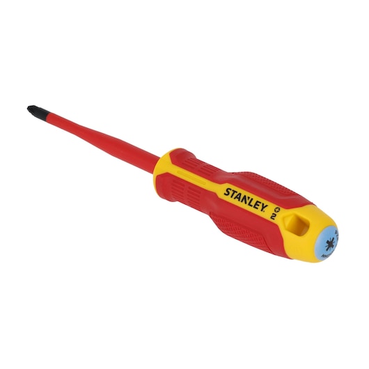 STANLEY FMHT65759-0 insulated Phillips screwdriver, red and yellow, front angle on white background.