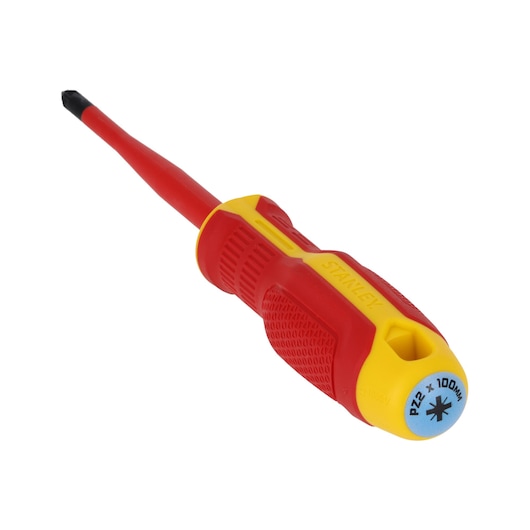 Photo of STANLEY FMHT65759-0 insulated Pozidriv screwdriver, red-yellow handle, front angled view