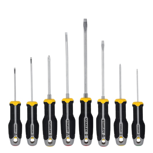 STANLEY FMHT65761-0 screwdriver set, eight black and yellow screwdrivers with ergonomic handles, front view.