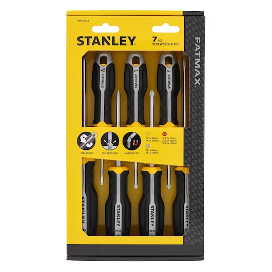 STANLEY FMHT65762-0 7-piece screwdriver set in yellow and black packaging, front angle.