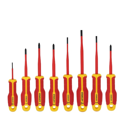 Photo of STANLEY FMHT65771-0 insulated screwdriver set, 8 pieces, red and yellow handles, front view on white.