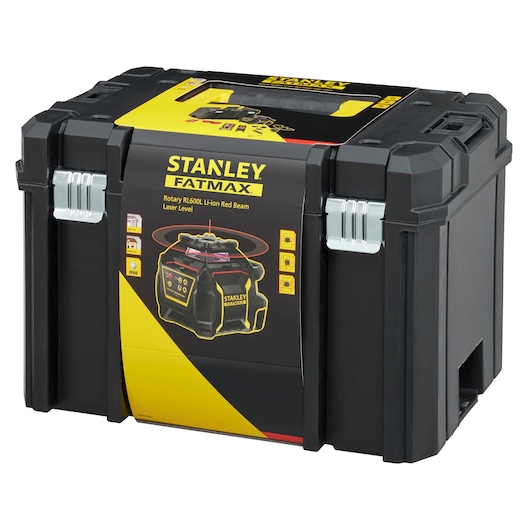 STANLEY FMHT77449-1 black tool storage box with yellow branding, front angle, product packaging visible.