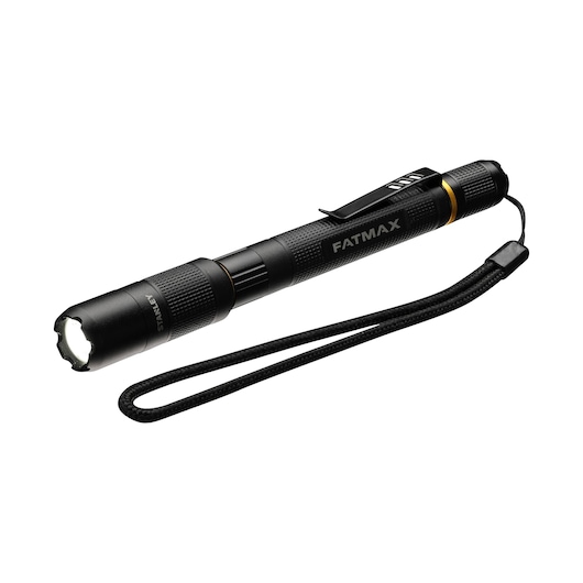STANLEY FMHT81510-0 black FATMAX flashlight with wrist strap, side clip, and LED light, angled on white background.