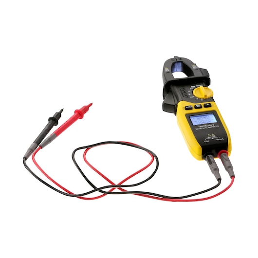 STANLEY FMHT82564-0 clamp meter with yellow body and red and black test leads, front angle on white background.