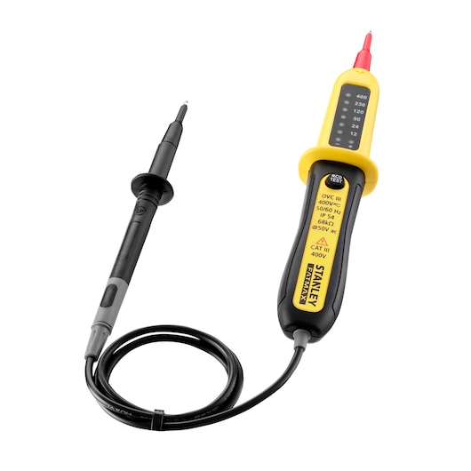 STANLEY FMHT82566-0 voltage tester with yellow and black body, display, and connected black probe, front angle.