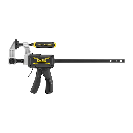 STANLEY FMHT83006-0 FATMAX trigger clamp, black and yellow, side angle photography on white background.