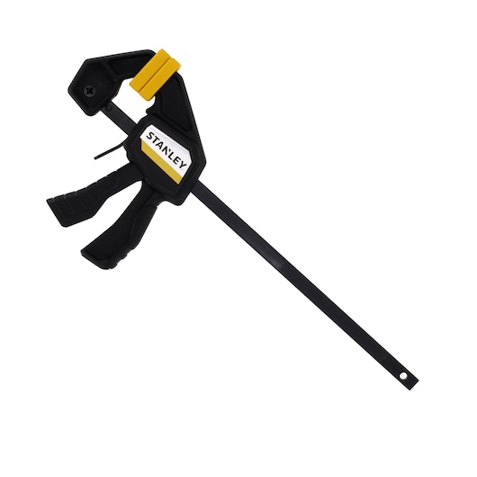 STANLEY FMHT83270-0 black and yellow bar clamp, side angle on white background.