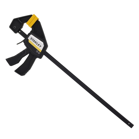 Photo of STANLEY FMHT83272-0 bar clamp, black and yellow, right side view on white background.