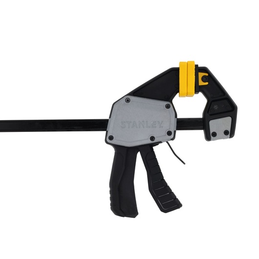 STANLEY FMHT83275-0 bar clamp with trigger handle, black and yellow, product right side view on white background.