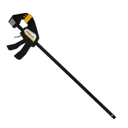 STANLEY FMHT83276-0 black and yellow bar clamp, side angle on white background.