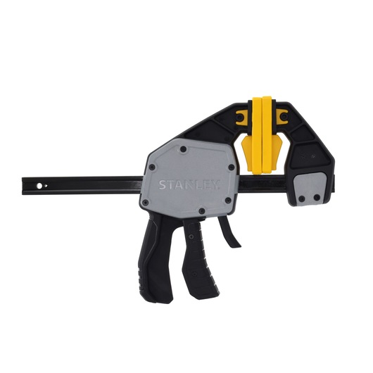 STANLEY FMHT83278-0 quick change bar clamp, black and yellow, product side angle on white background.